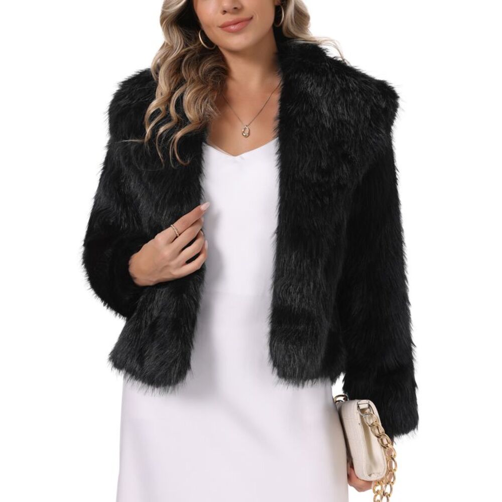 Women's Faux Fur Coat Lapel Fluffy Winter Outwear Short Crop Jacket Black
